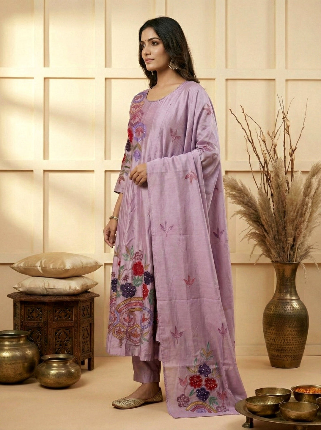 Neerus Purple silk hand embroidered suit set - back view