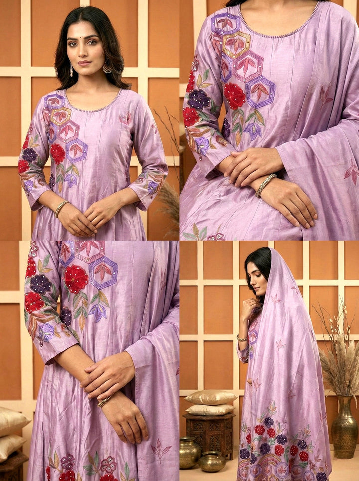 Neerus Purple silk hand embroidered suit set - detail view 1