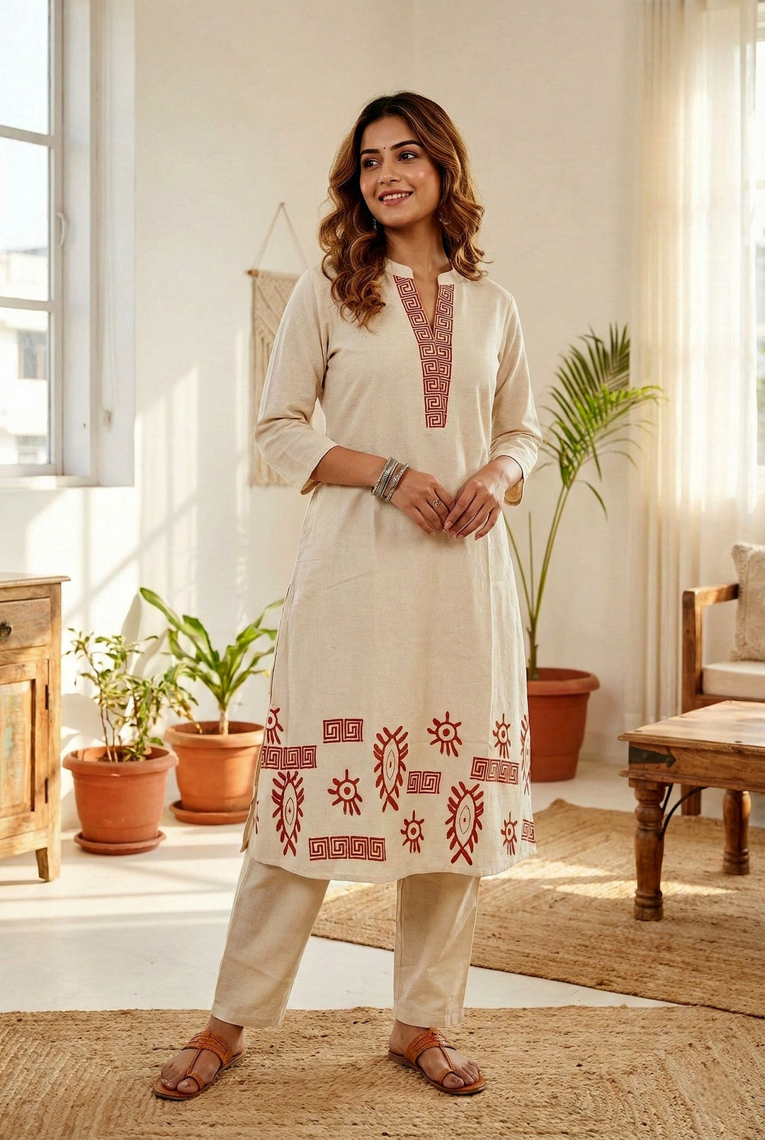 Neerus Orange cotton printed co-ord set - front view