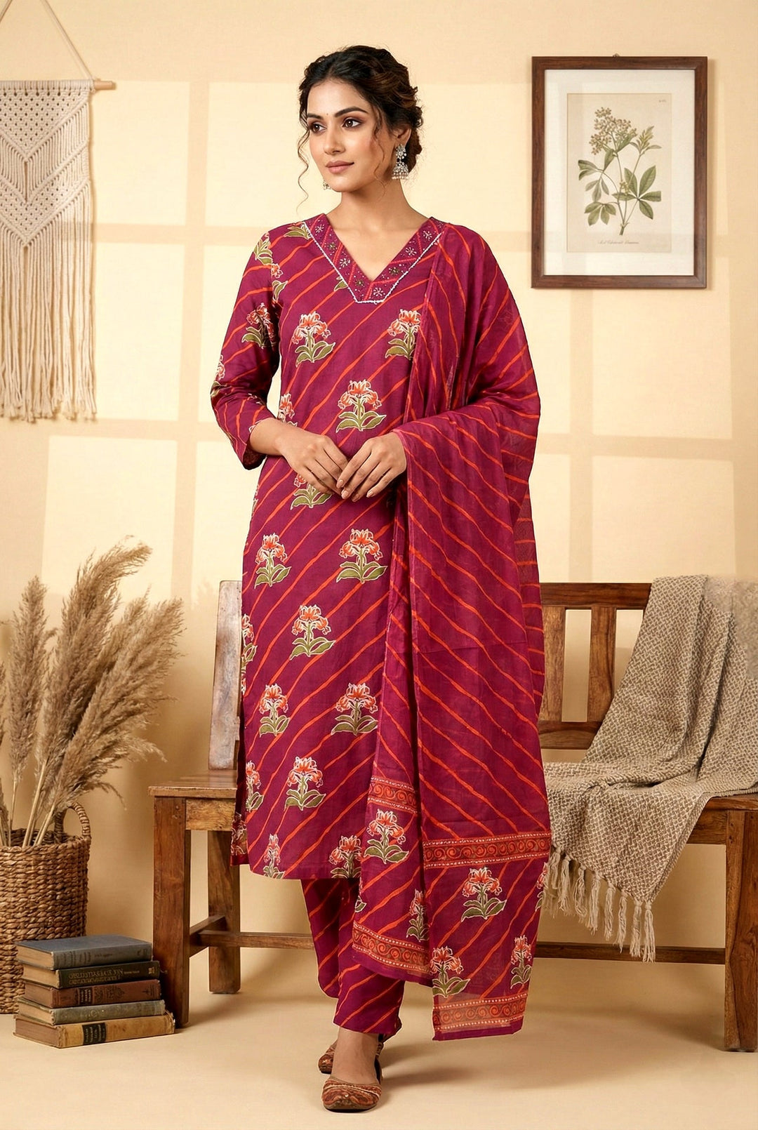 Neerus Maroon cotton digital printed suit set - front view