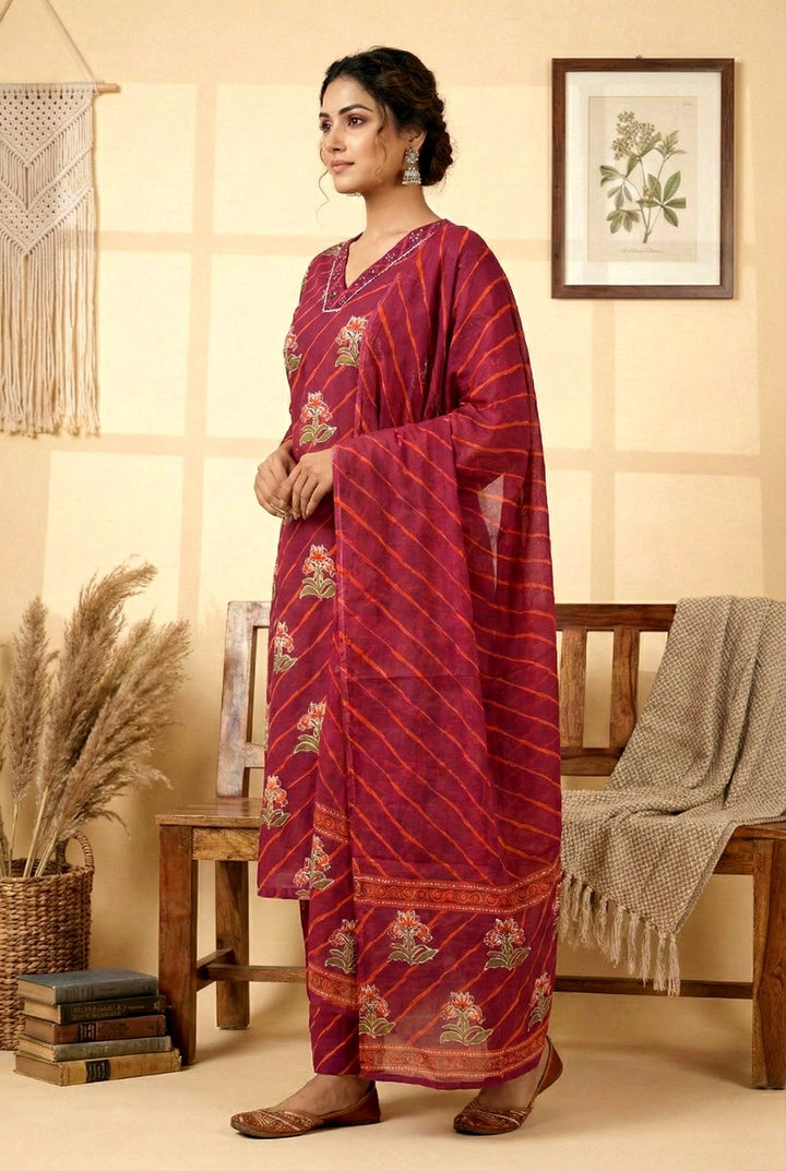 Neerus Maroon cotton digital printed suit set - back view