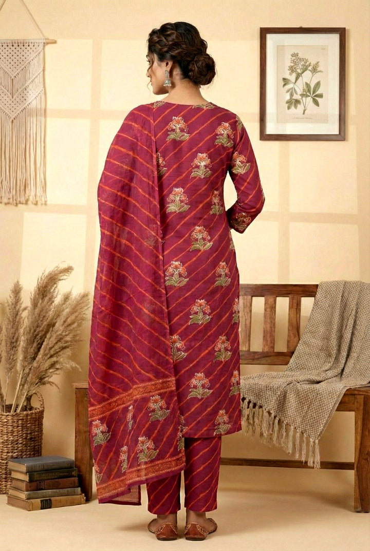 Neerus Maroon cotton digital printed suit set - side view