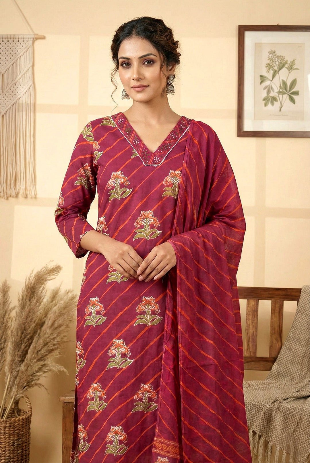 Neerus Maroon cotton digital printed suit set - detail view 2
