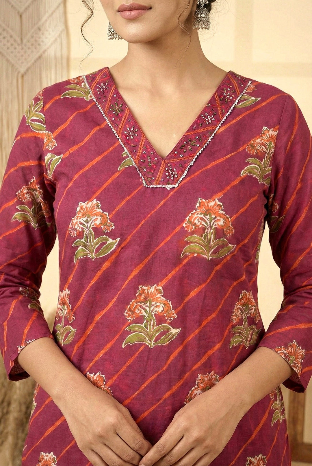 Neerus Maroon cotton digital printed suit set - detail view 1