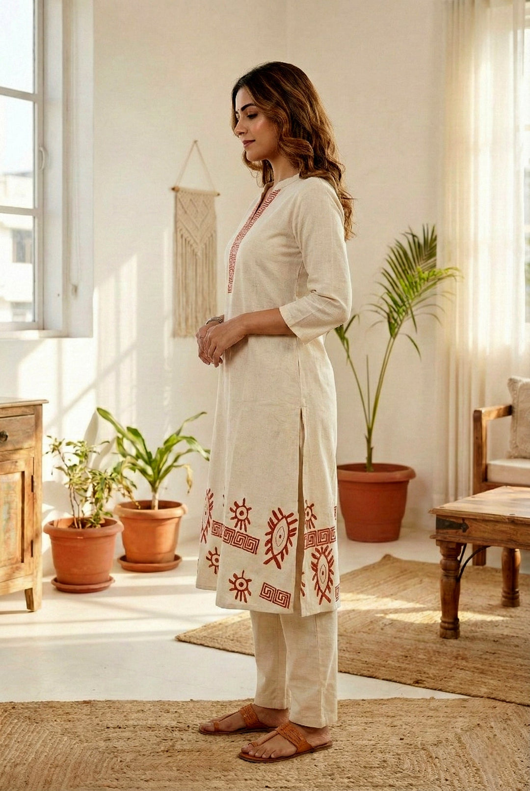 Neerus Orange cotton printed co-ord set - back view