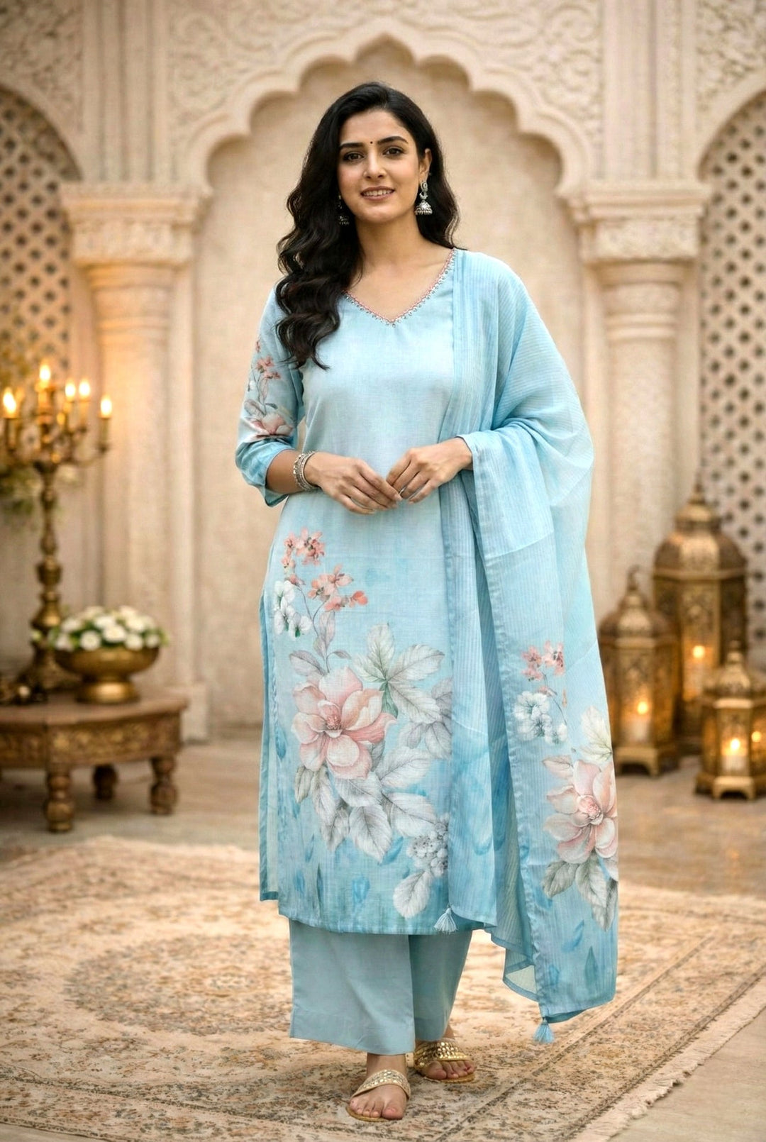 Neerus Blue rayon embellished suit set floral digital print - front view