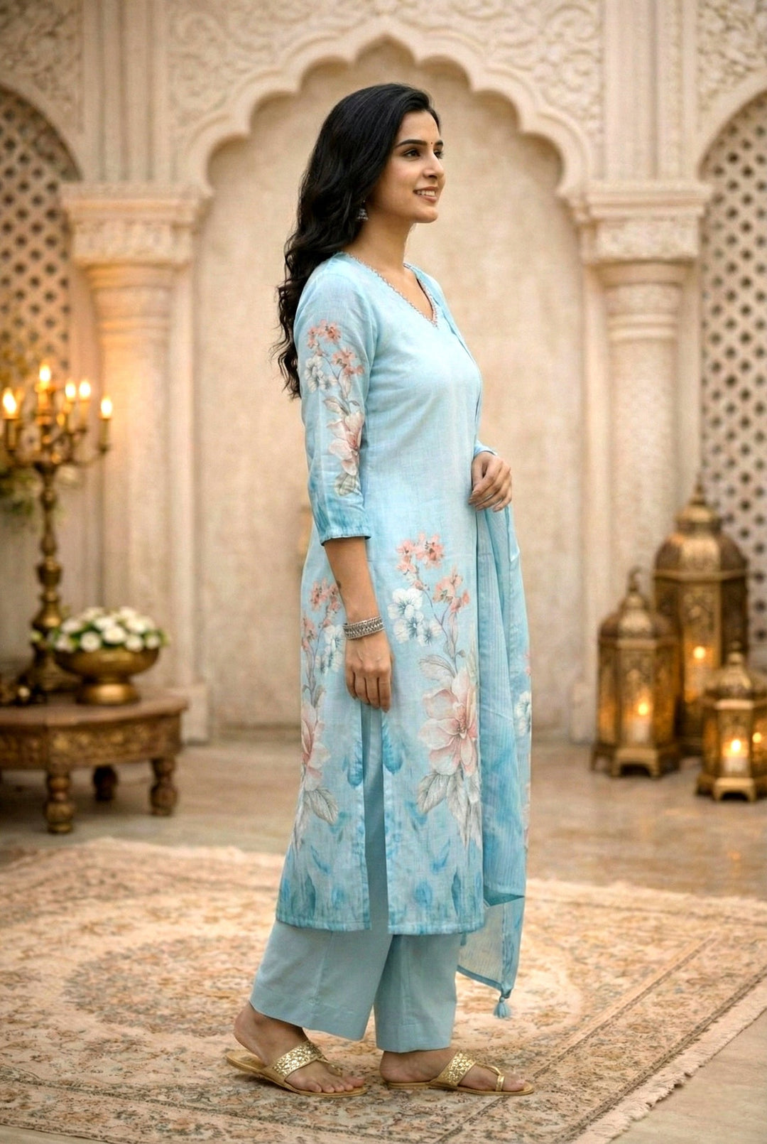 Neerus Blue rayon embellished suit set floral digital print - back view
