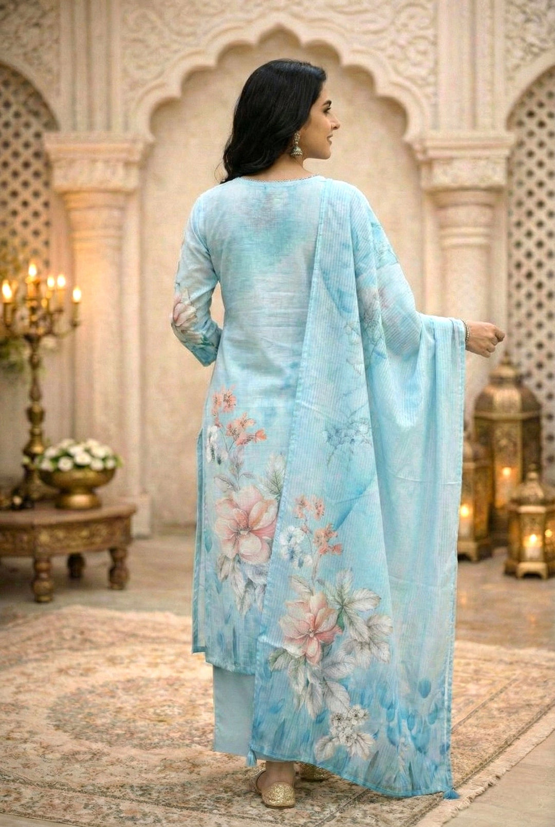 Neerus Blue rayon embellished suit set floral digital print - side view