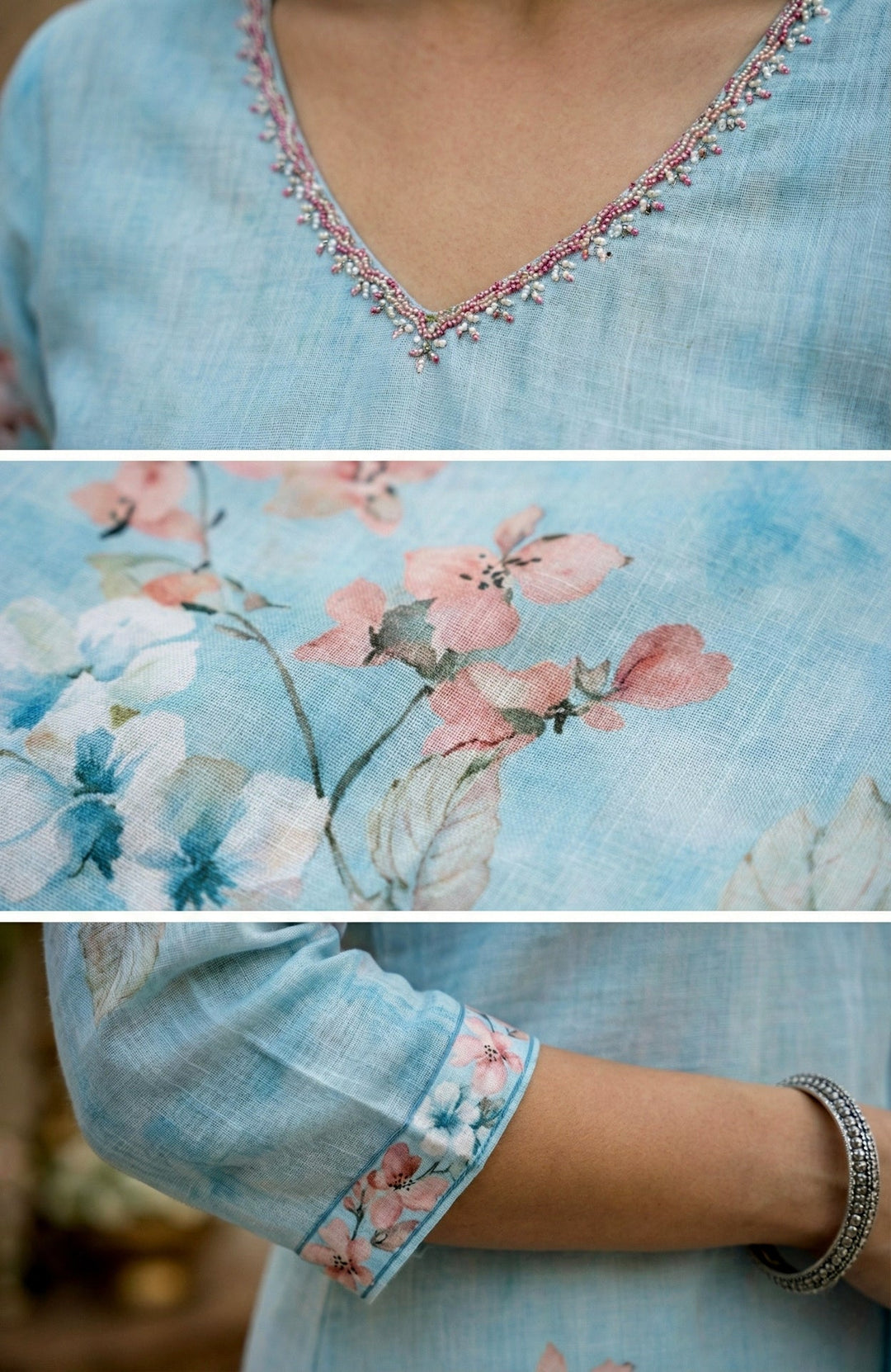 Neerus Blue rayon embellished suit set floral digital print - detail view 1