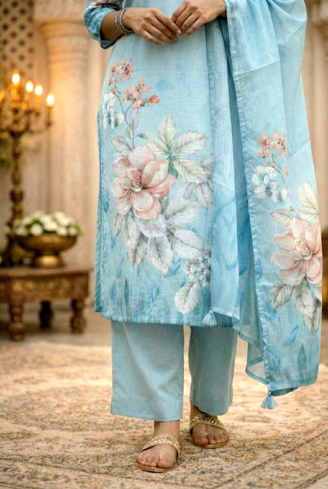 Neerus Blue rayon embellished suit set floral digital print - detail view 4