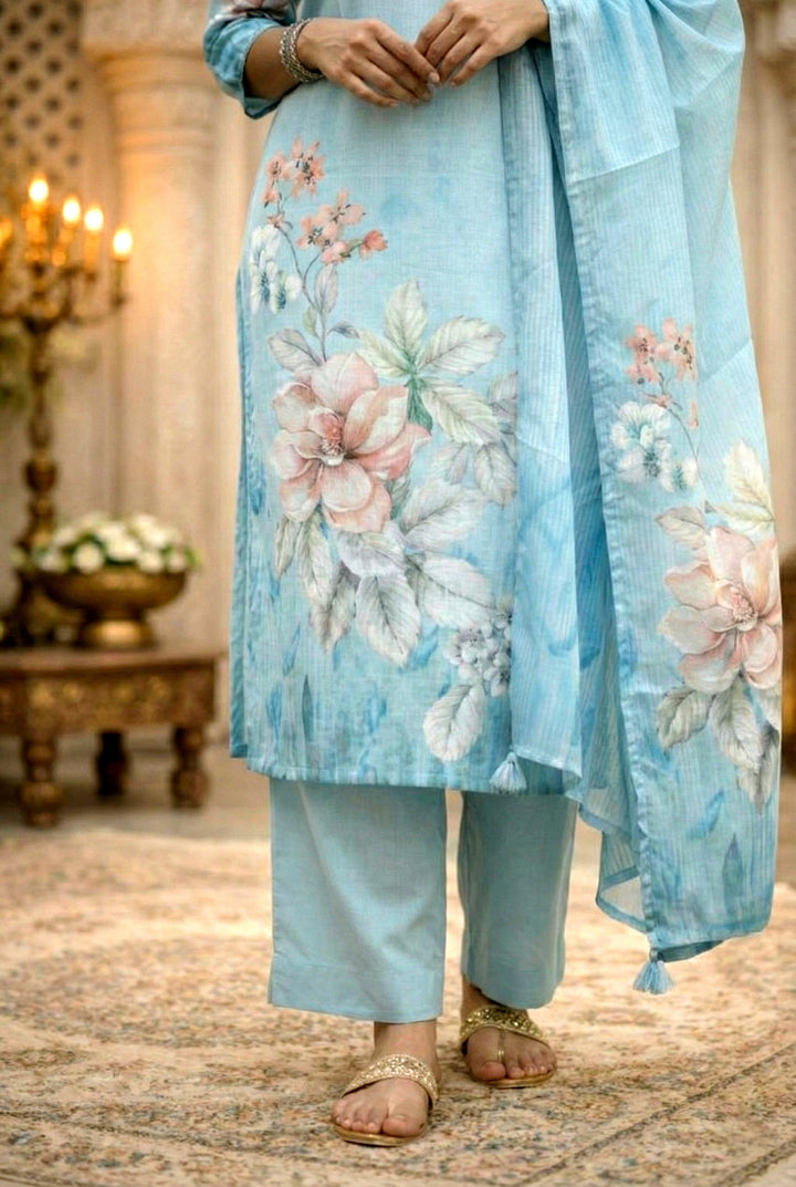 Neerus Blue rayon embellished suit set floral digital print - detail view 4