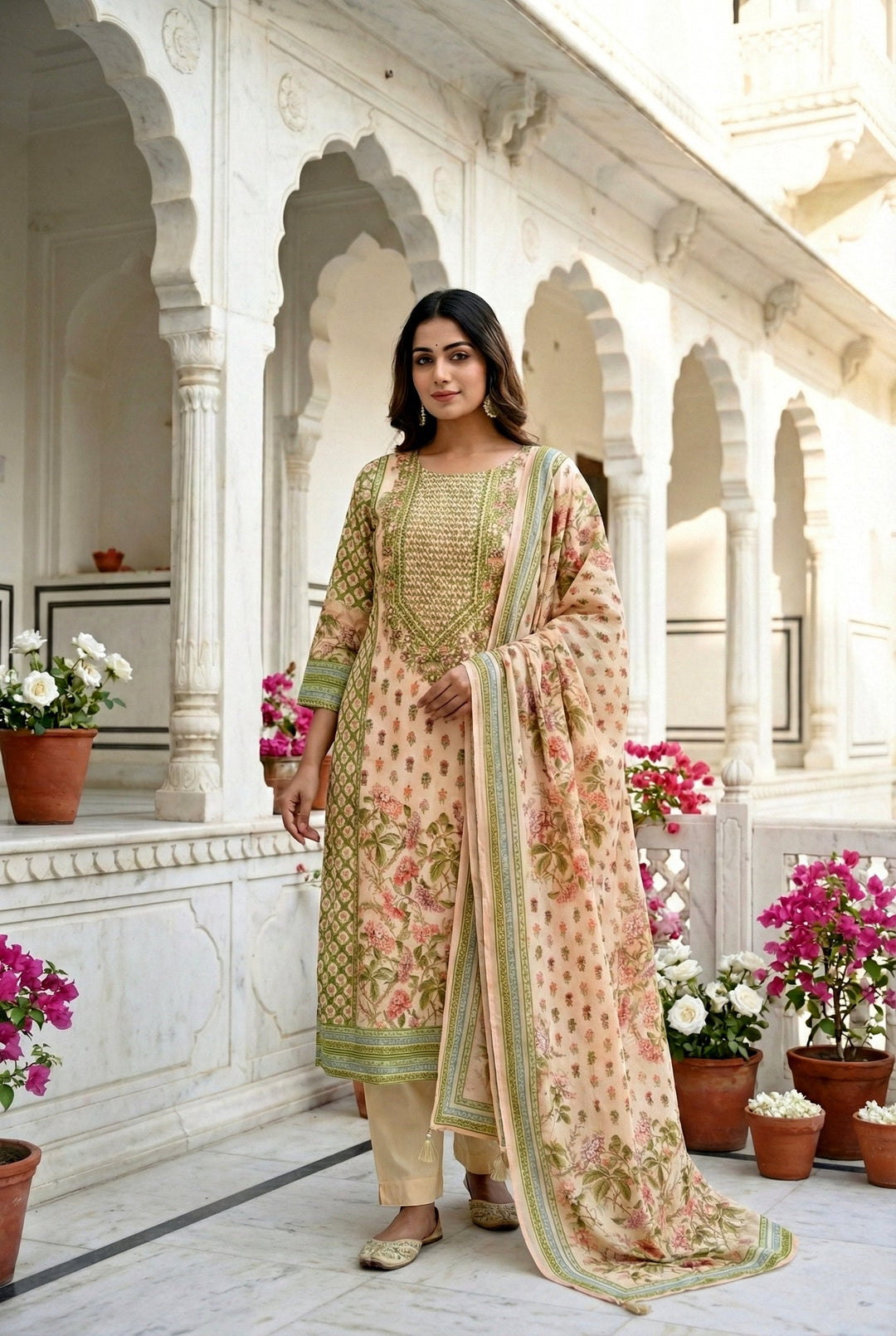 Neerus White silk hand embroidered suit set - front view