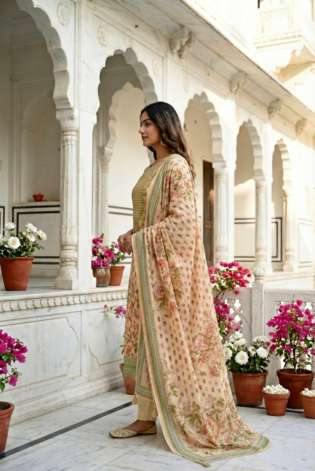 Neerus White silk hand embroidered suit set - back view