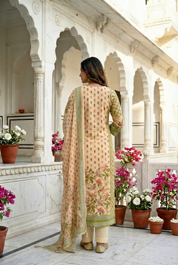 Neerus White silk hand embroidered suit set - side view