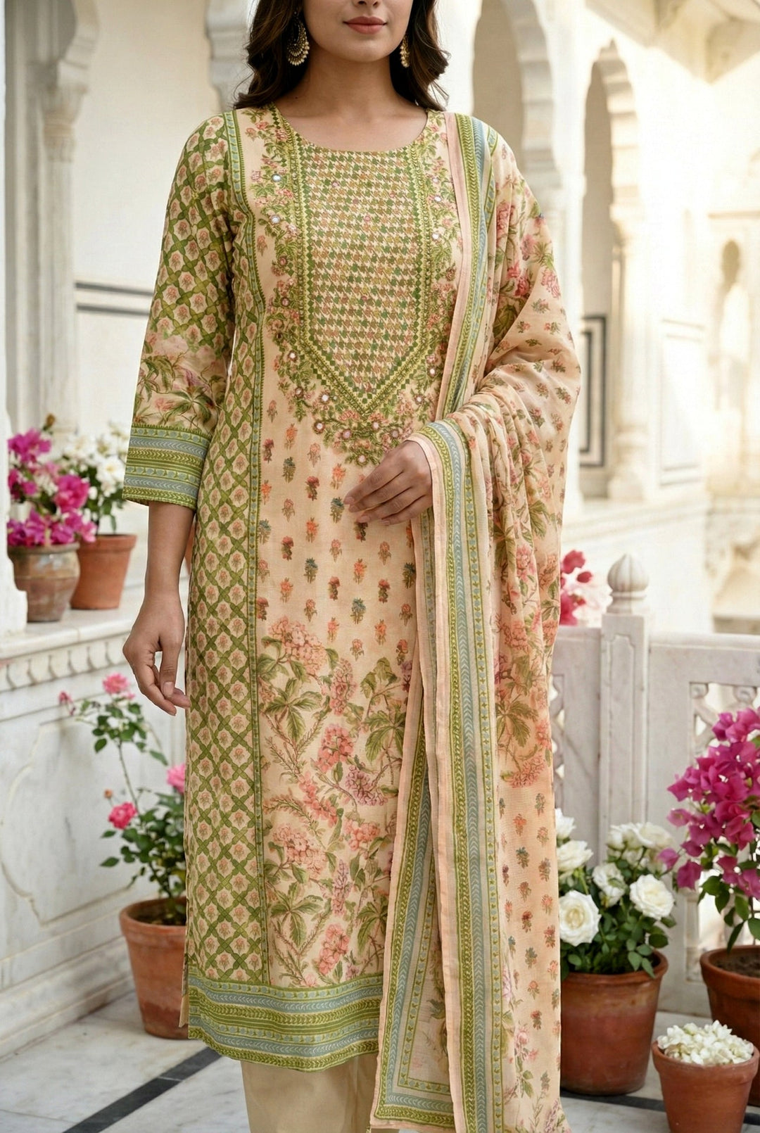 Neerus White silk hand embroidered suit set - detail view 2