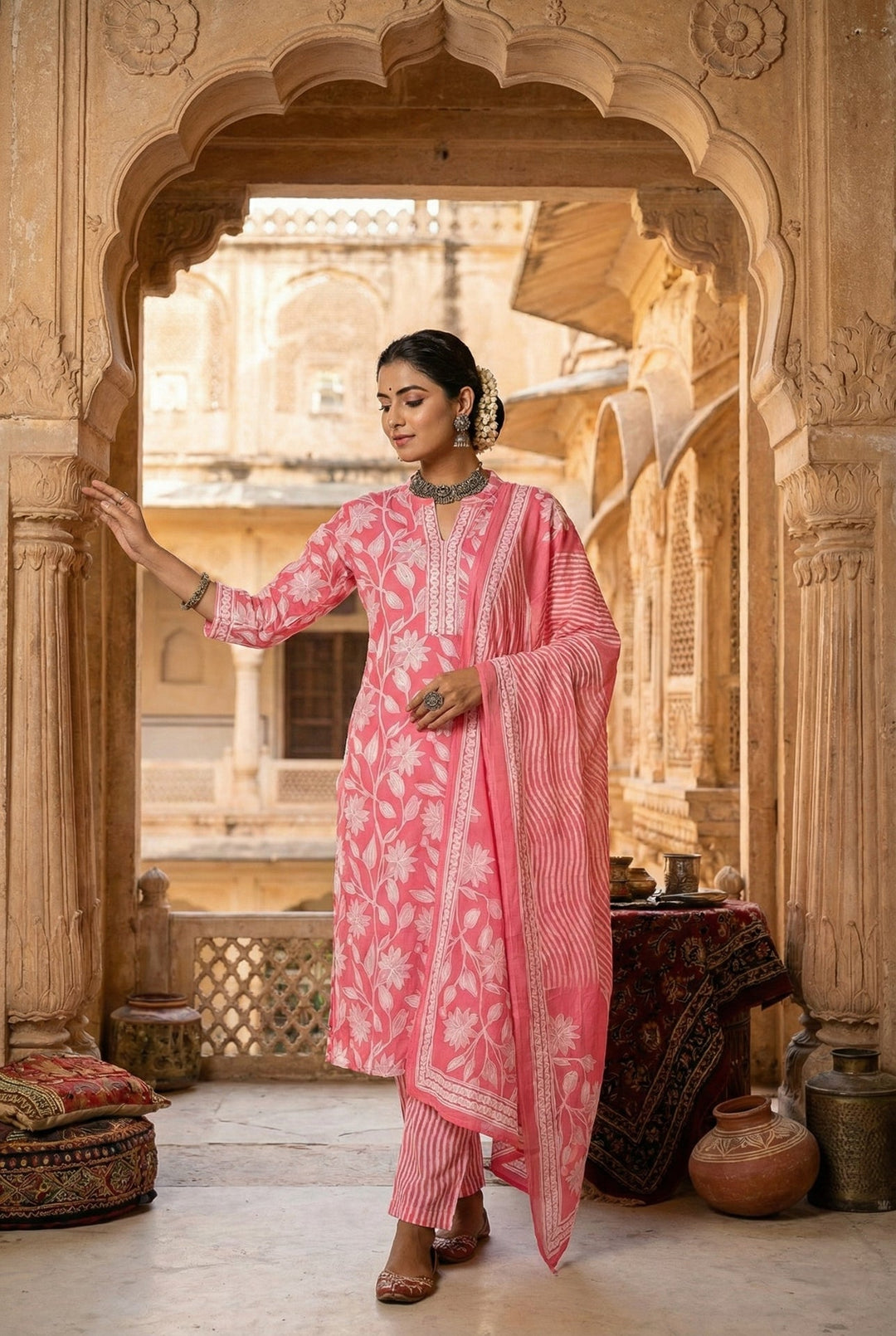 Neerus Pink cotton digital printed suit set - front view
