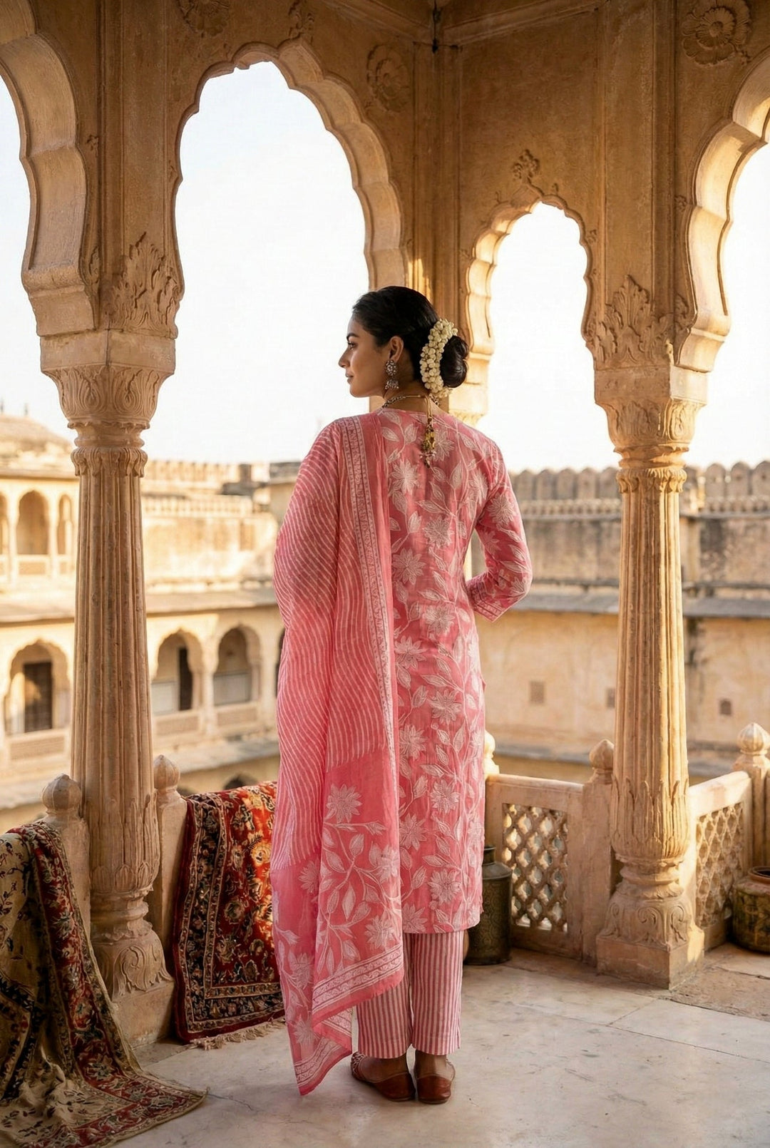Neerus Pink cotton digital printed suit set - side view