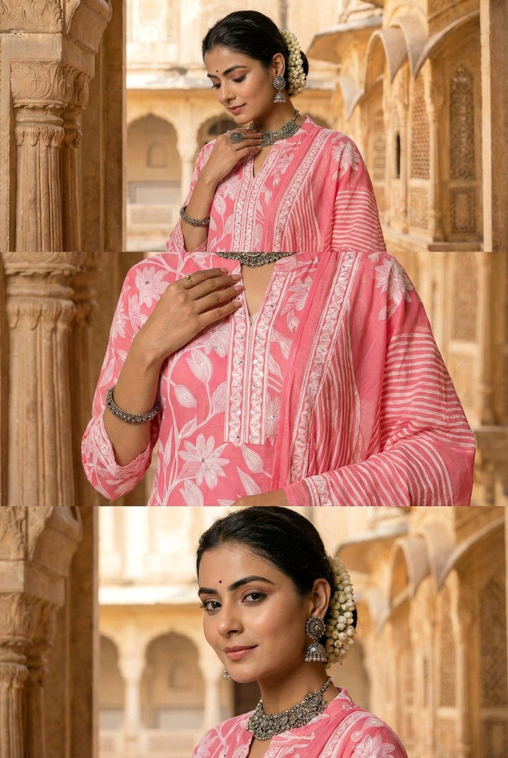 Neerus Pink cotton digital printed suit set - detail view 2