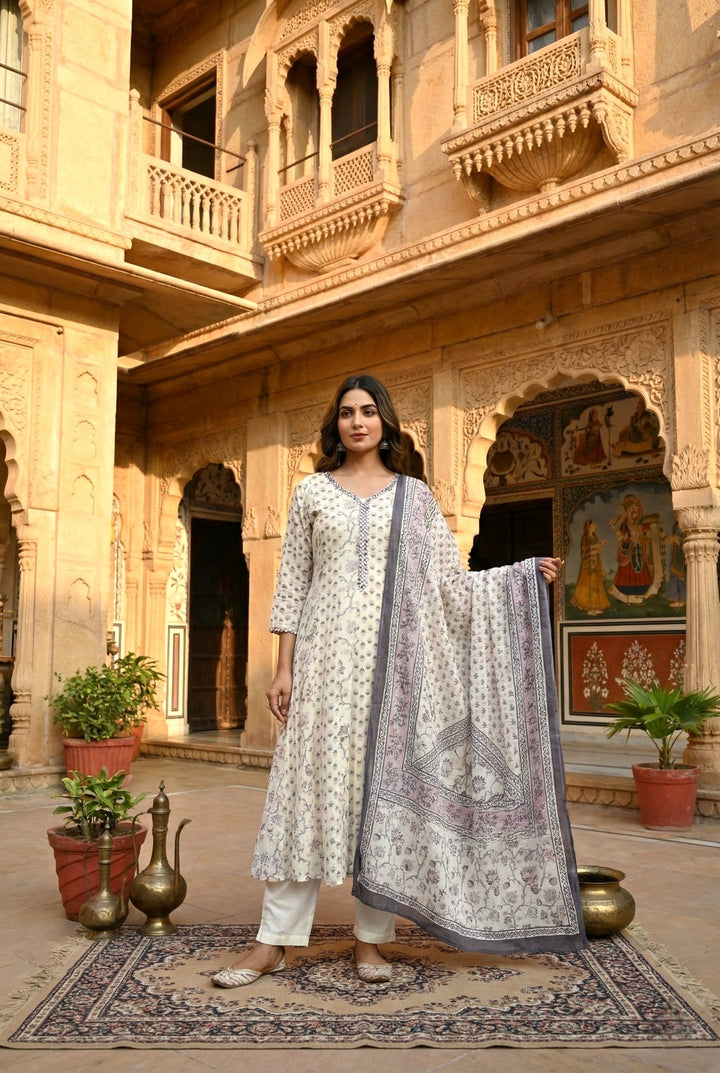 Neerus Pink cotton digital printed suit set - front view