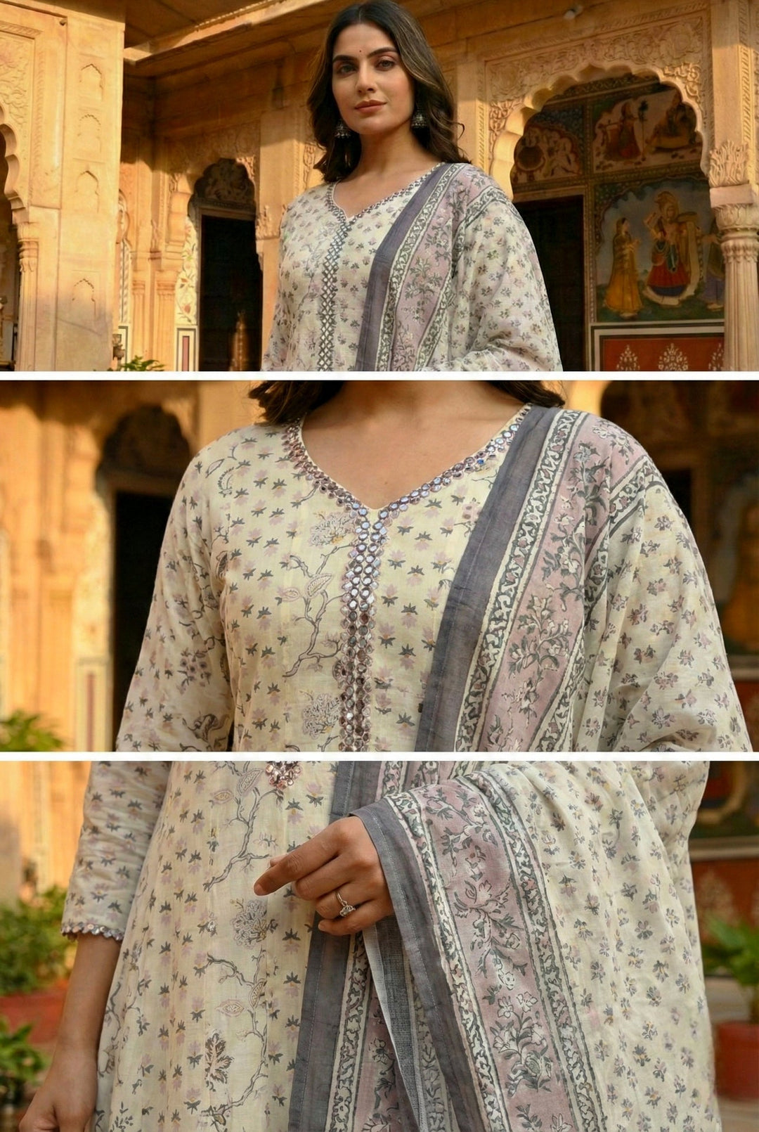 Neerus Pink cotton digital printed suit set - detail view 3