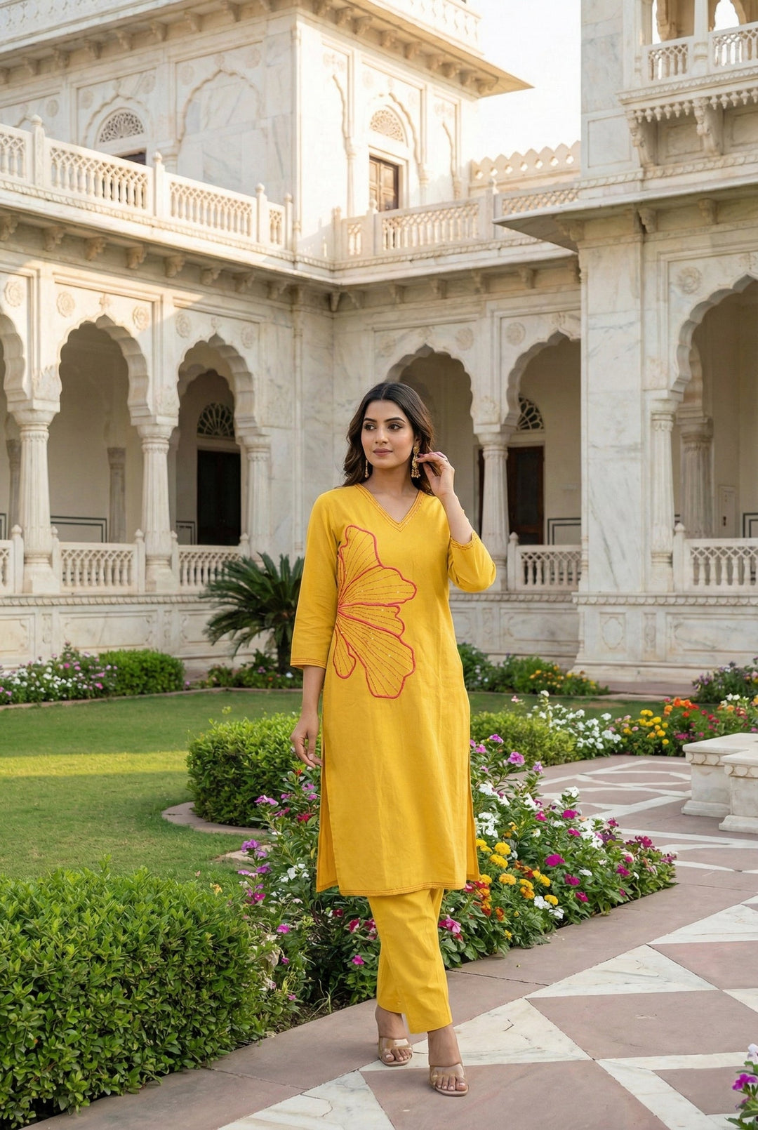 Neerus Yellow linen hand embroidered suit set - front view
