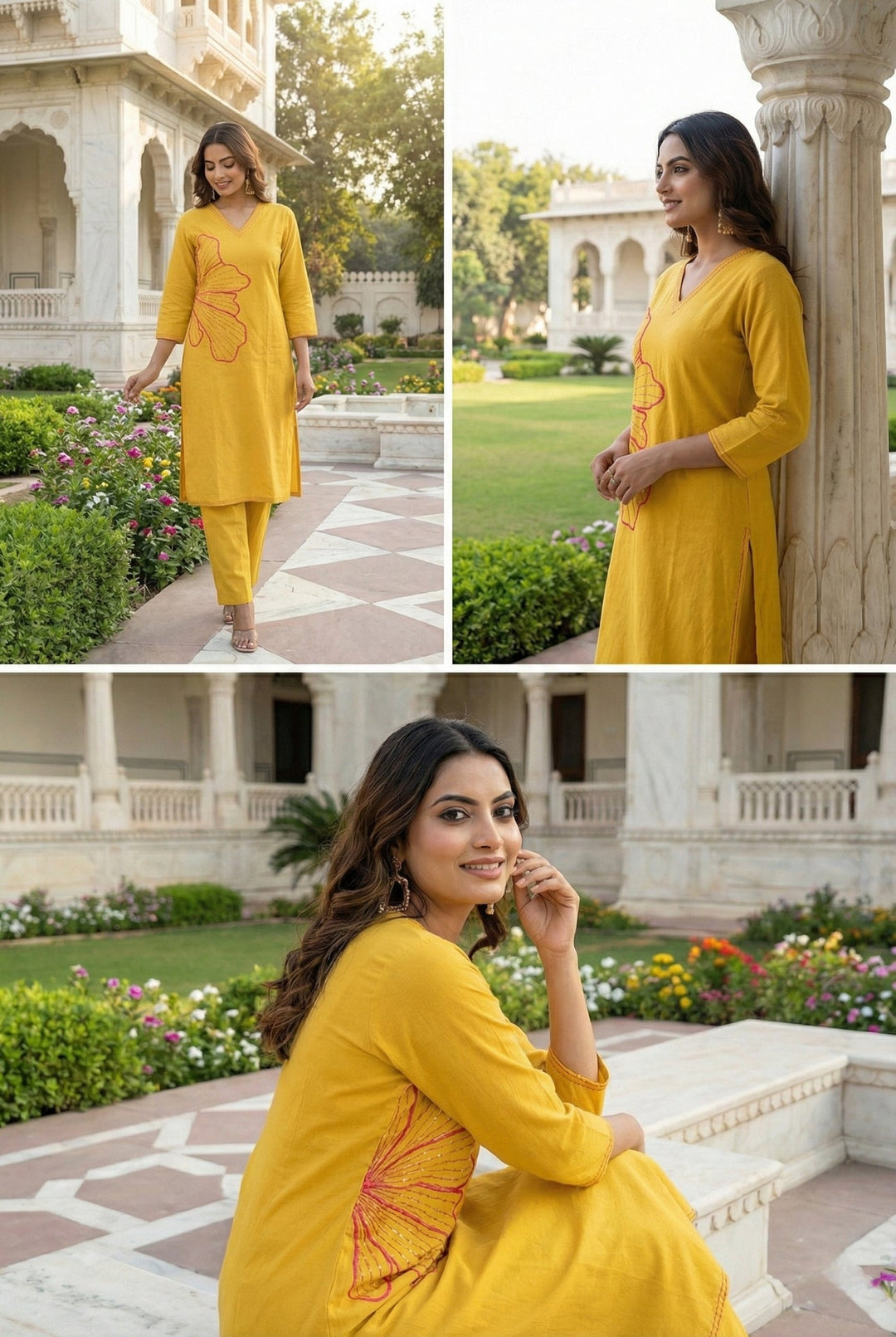 Neerus Yellow linen hand embroidered suit set - detail view 2