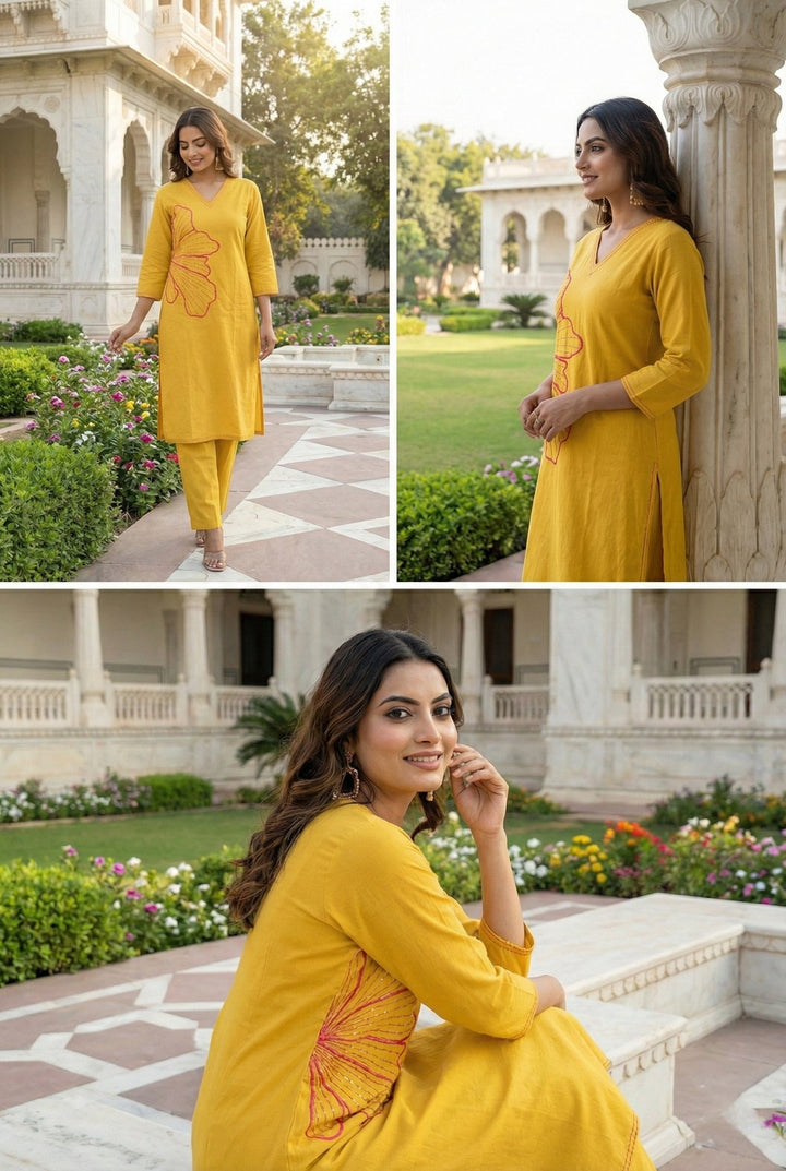 Neerus Yellow linen hand embroidered suit set - detail view 2