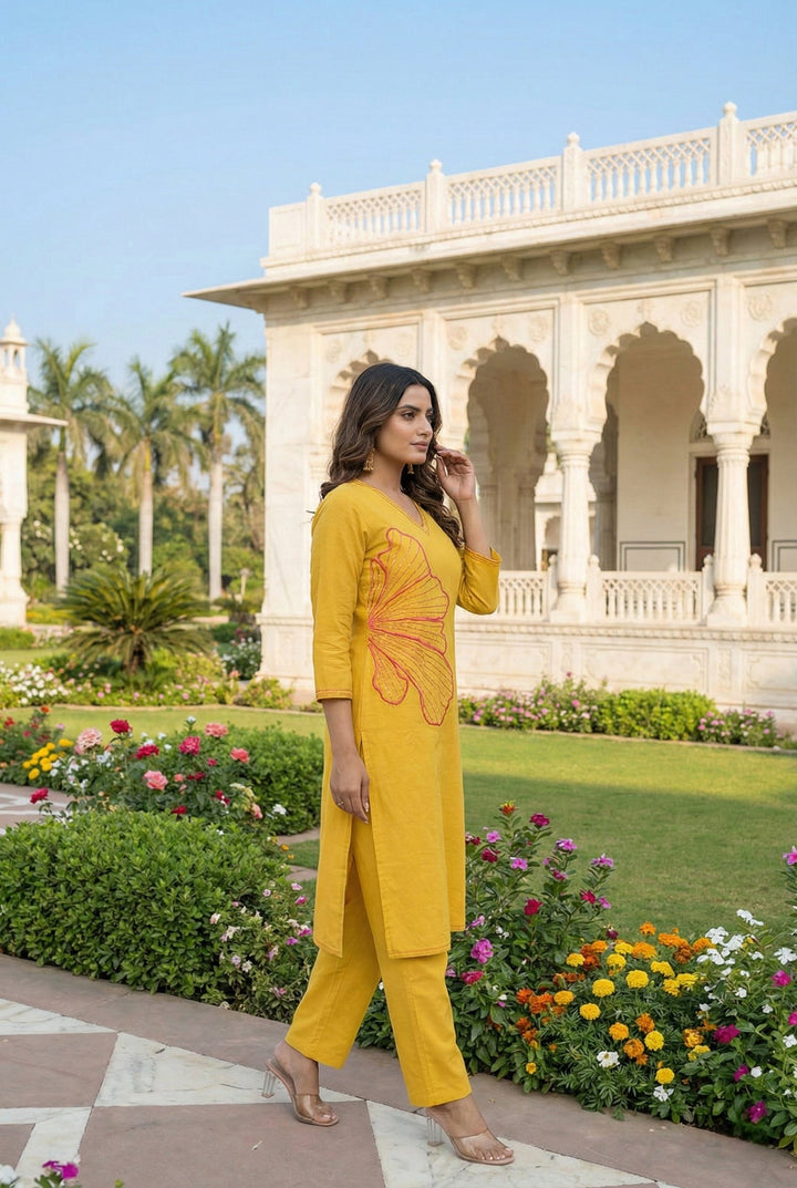 Neerus Yellow linen hand embroidered suit set - back view