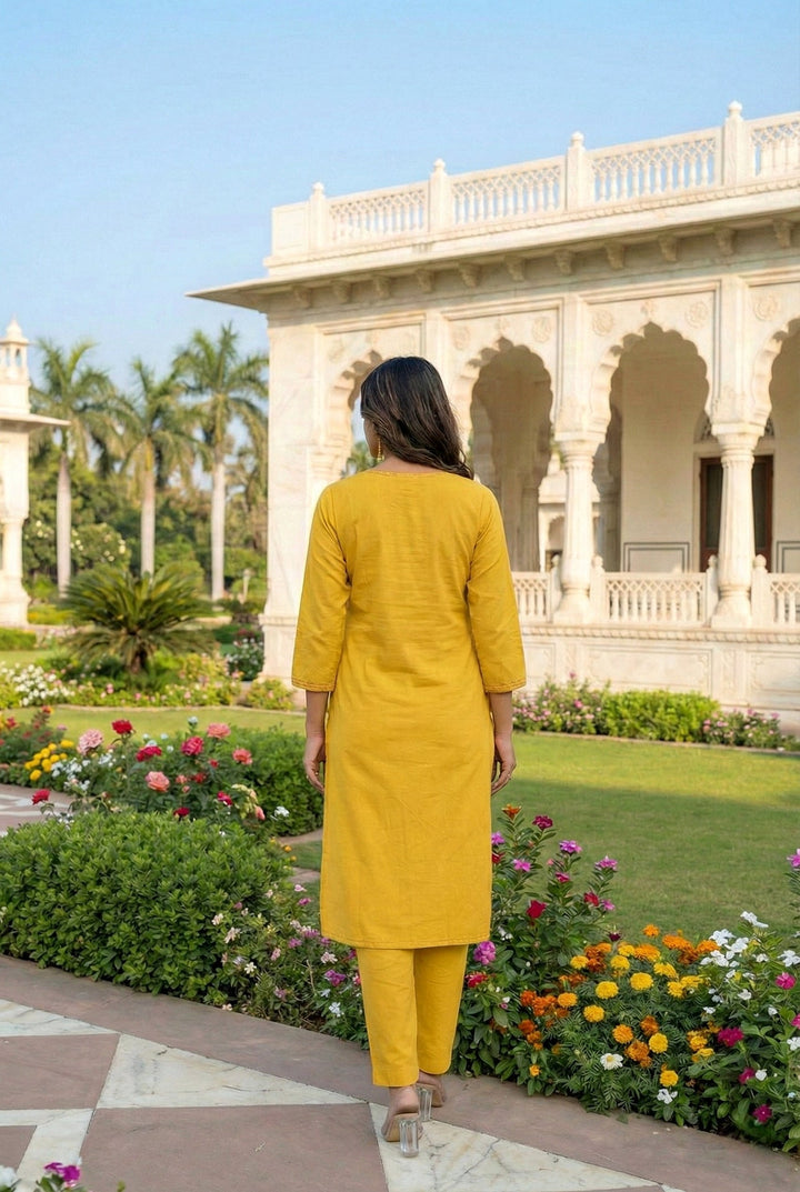 Neerus Yellow linen hand embroidered suit set - side view