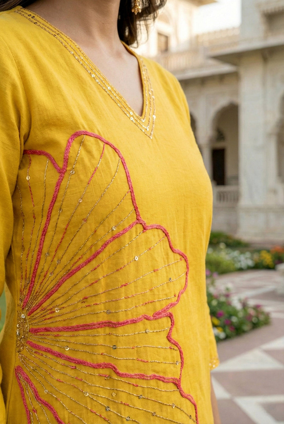 Neerus Yellow linen hand embroidered suit set - detail view 1