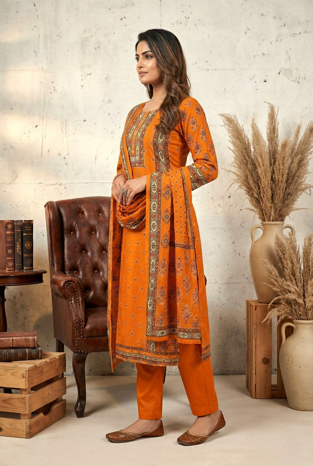 Neerus Orange silk mirror work suit set - back view