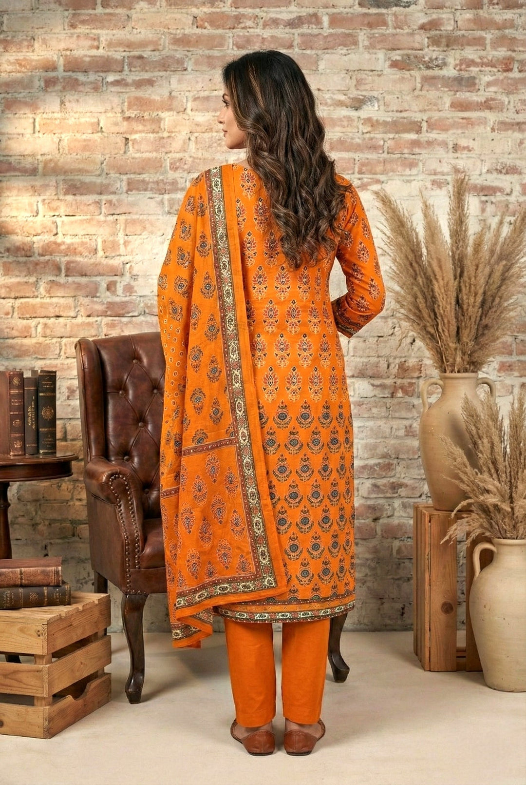 Neerus Orange silk mirror work suit set - side view