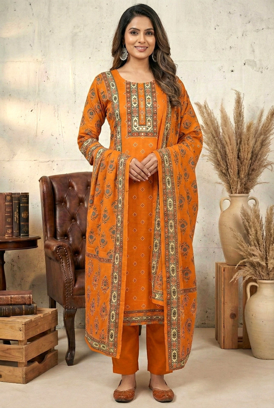 Neerus Orange silk mirror work suit set - detail view 1