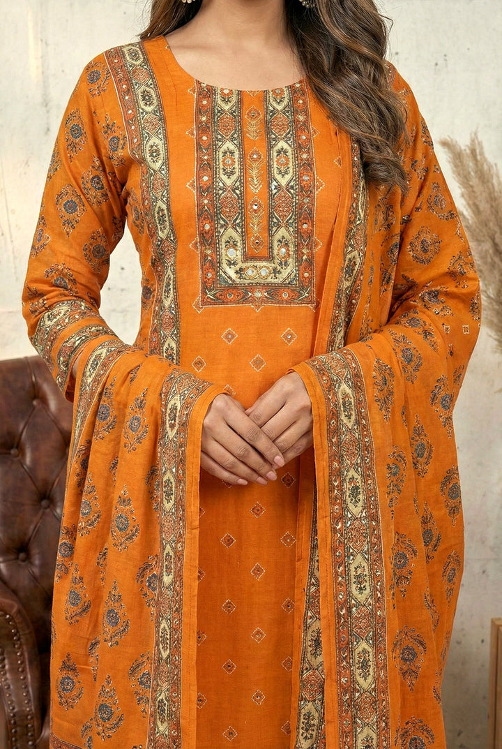 Neerus Orange silk mirror work suit set - detail view 2