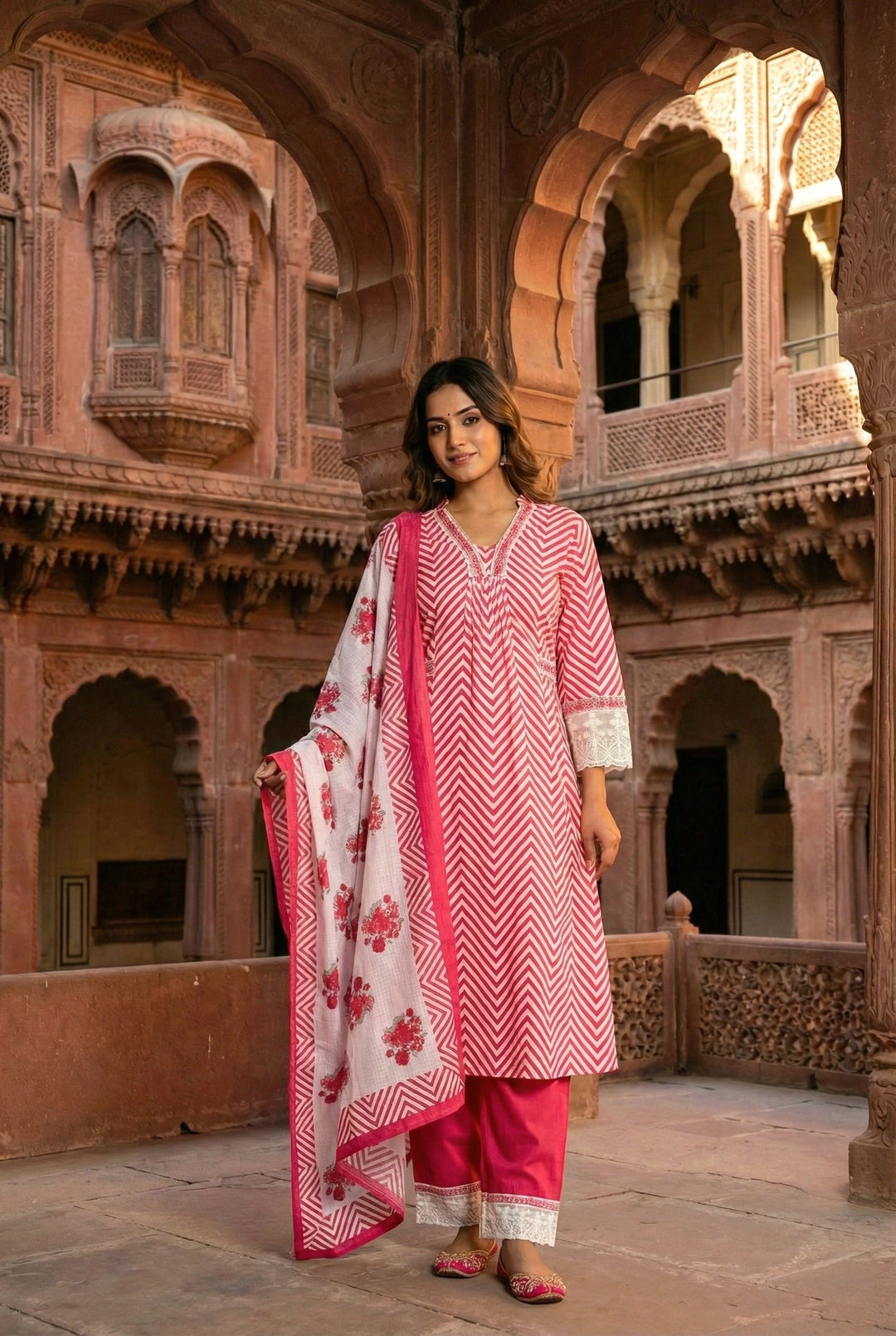 Neerus Pink cotton printed suit set - front view