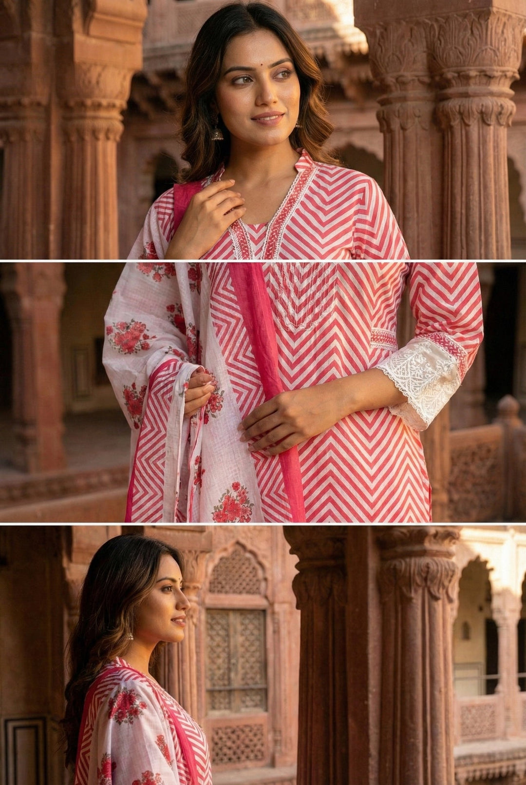 Neerus Pink cotton printed suit set - detail view 1