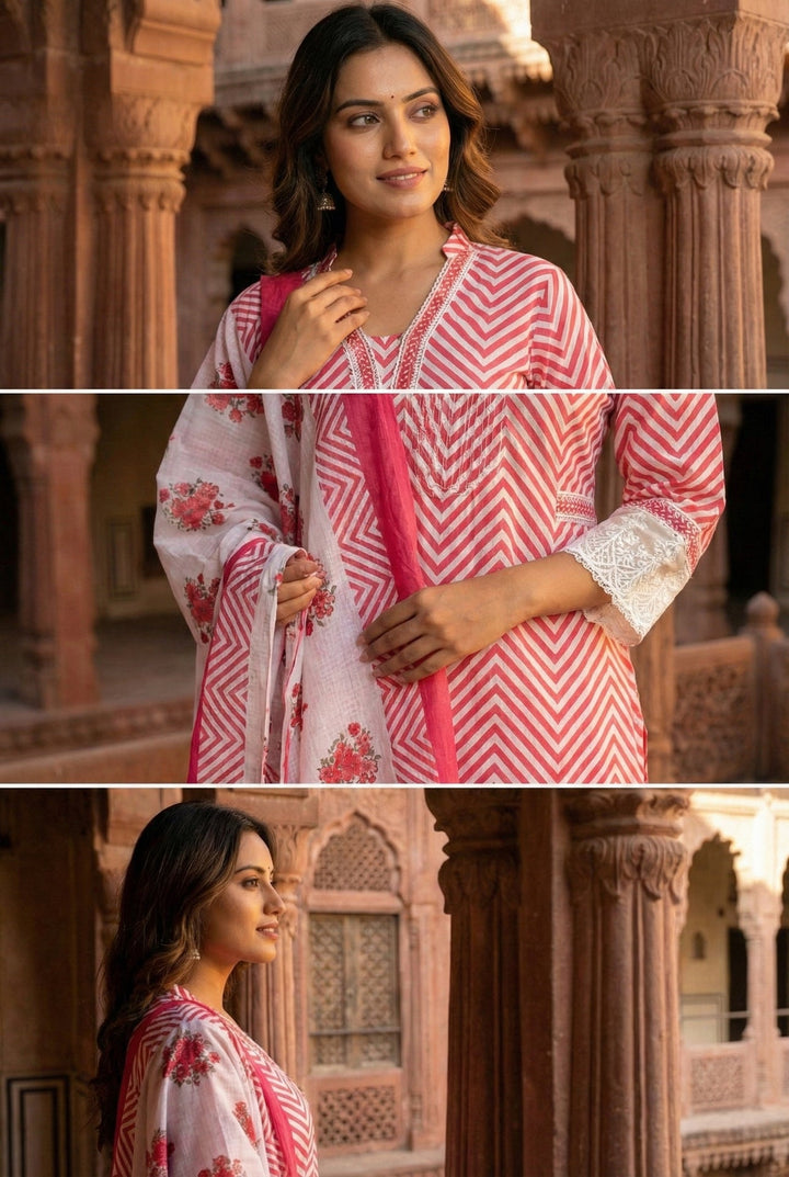 Neerus Pink cotton printed suit set - detail view 1