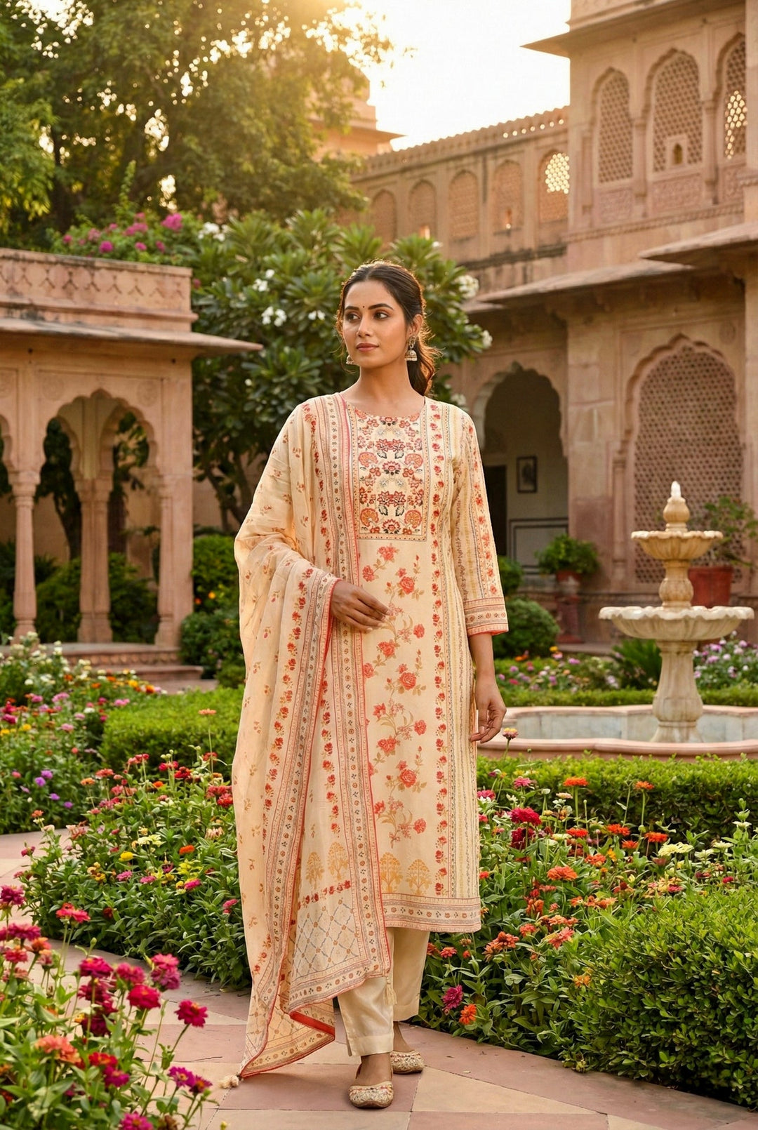 Neerus Beige silk digital printed suit set - front view