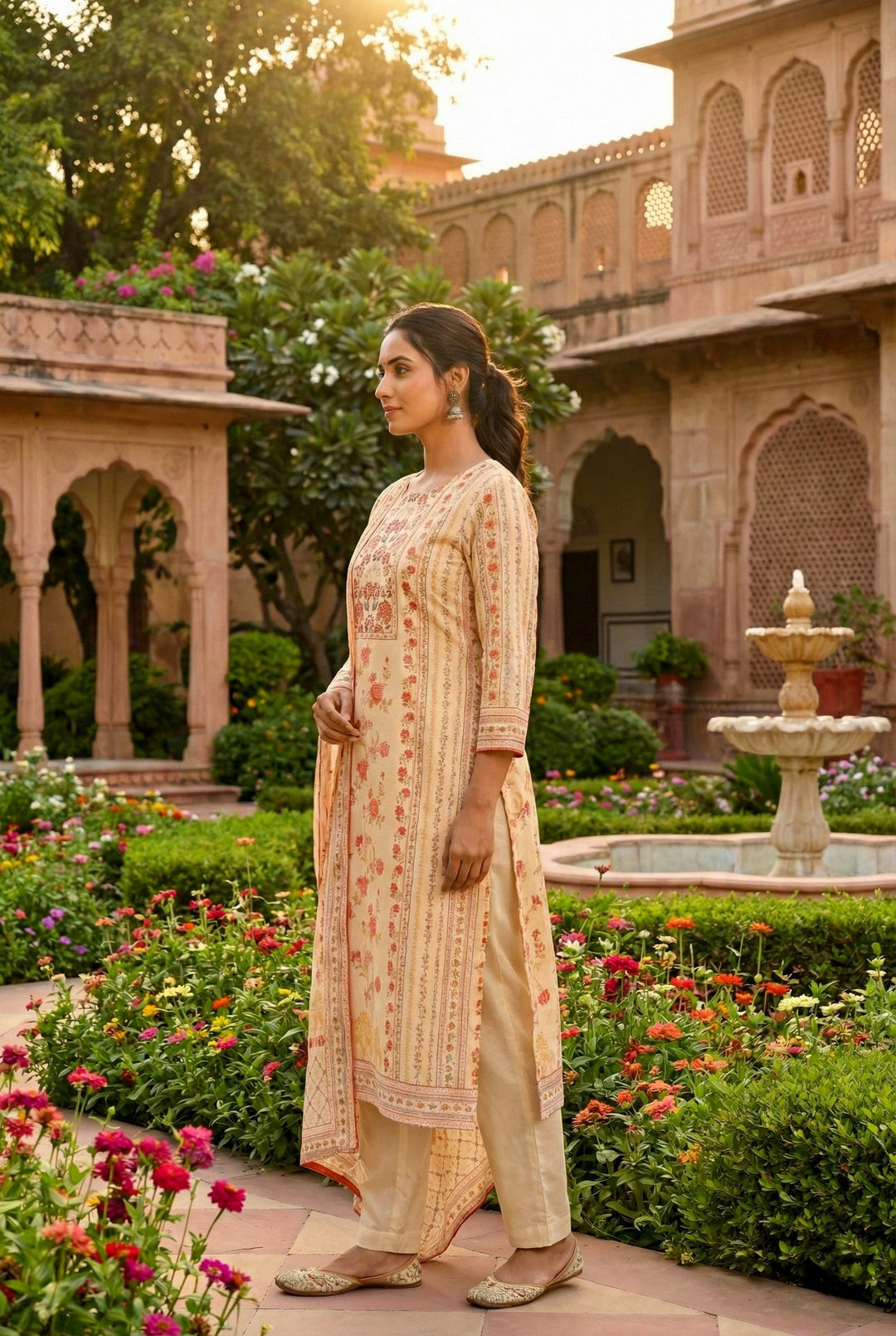 Neerus Beige silk digital printed suit set - back view