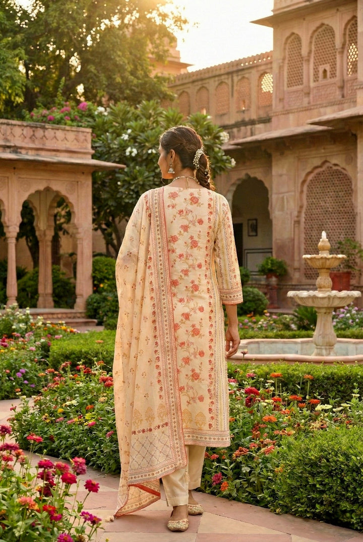 Neerus Beige silk digital printed suit set - side view