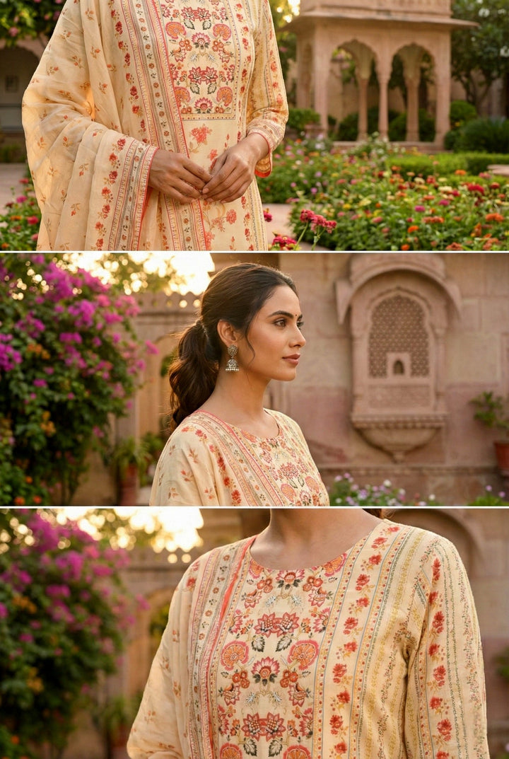 Neerus Beige silk digital printed suit set - detail view 1