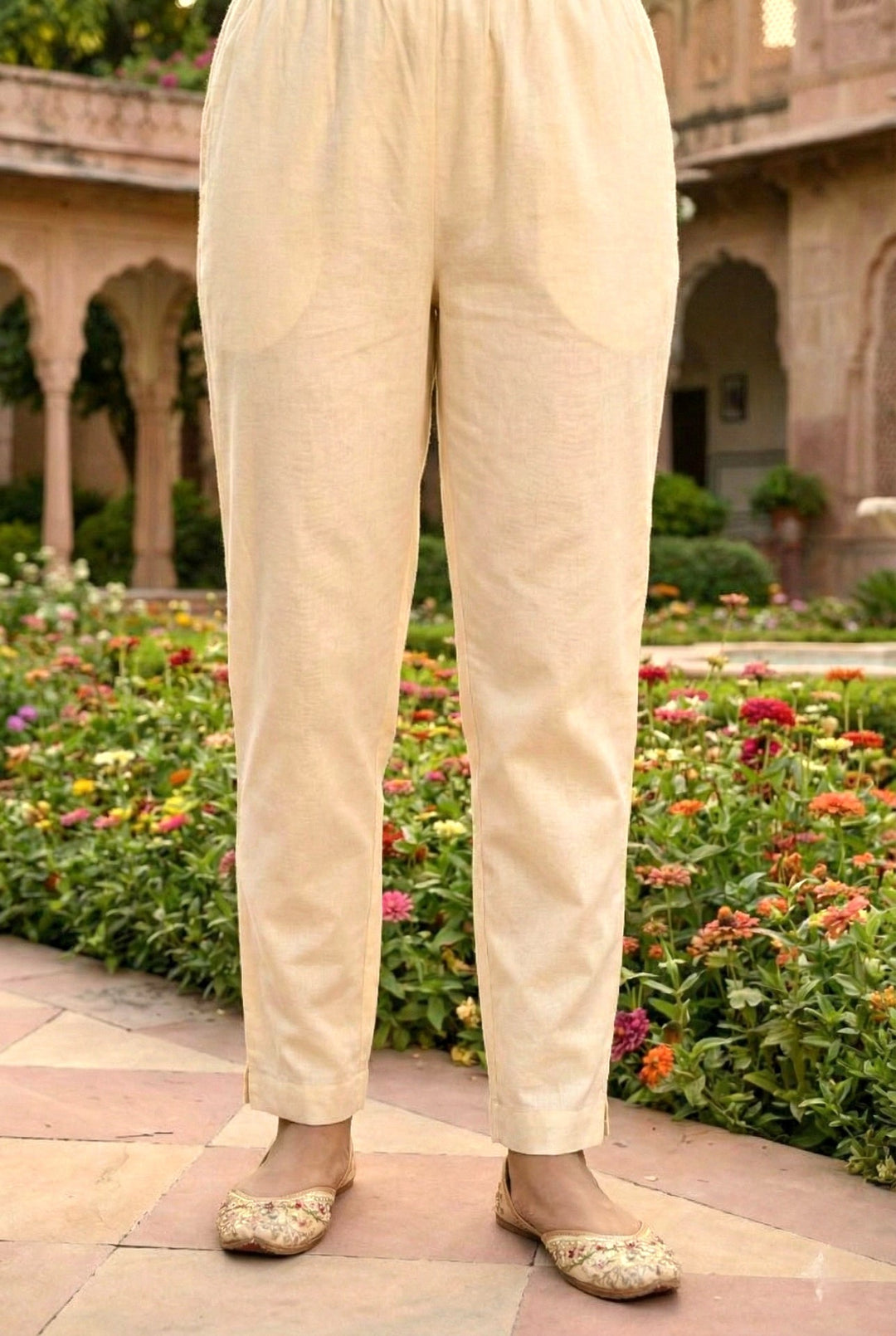 Neerus Beige silk digital printed suit set - detail view 2