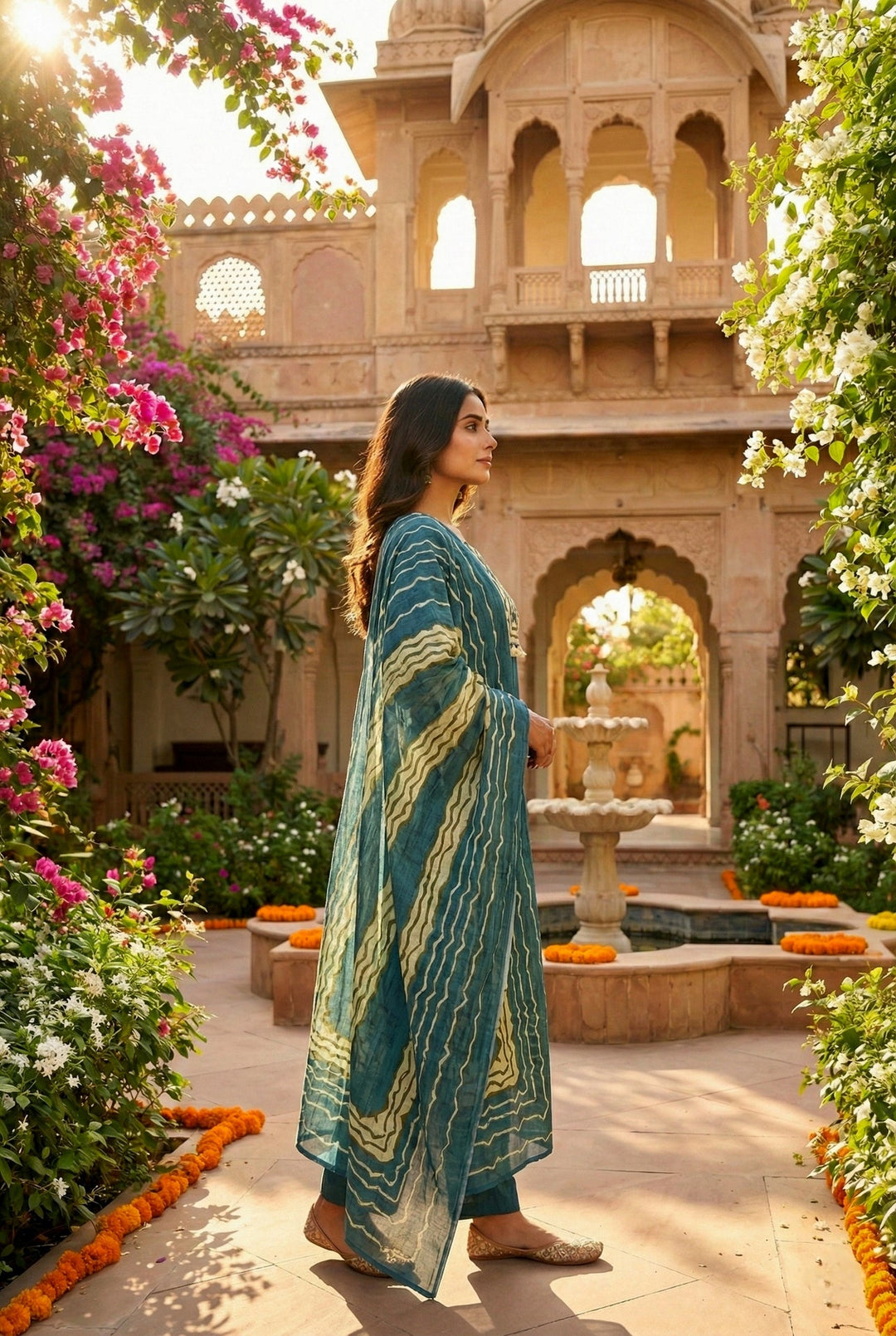 Neerus Green cotton straight suit set - back view