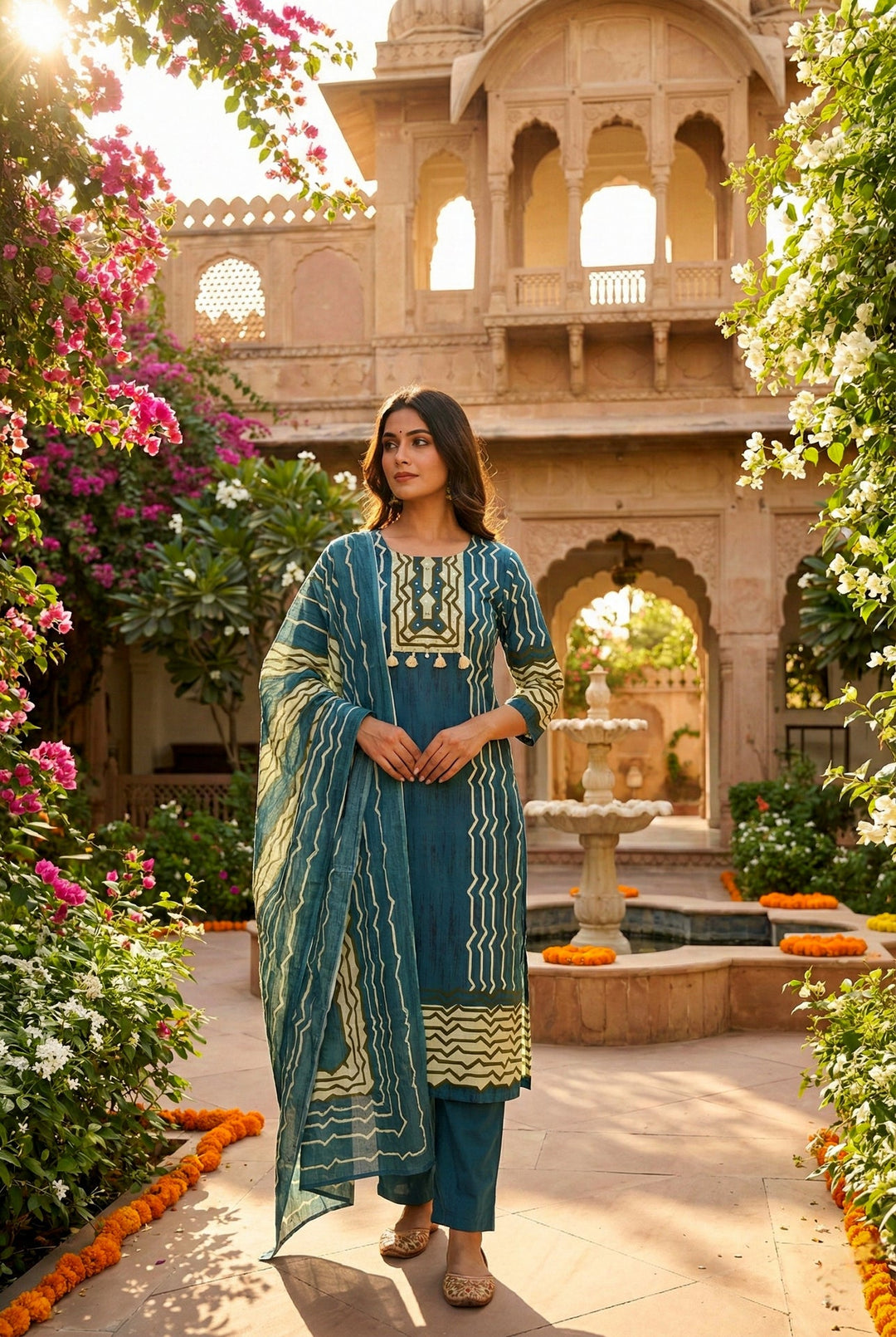 Neerus Green cotton straight suit set - front view
