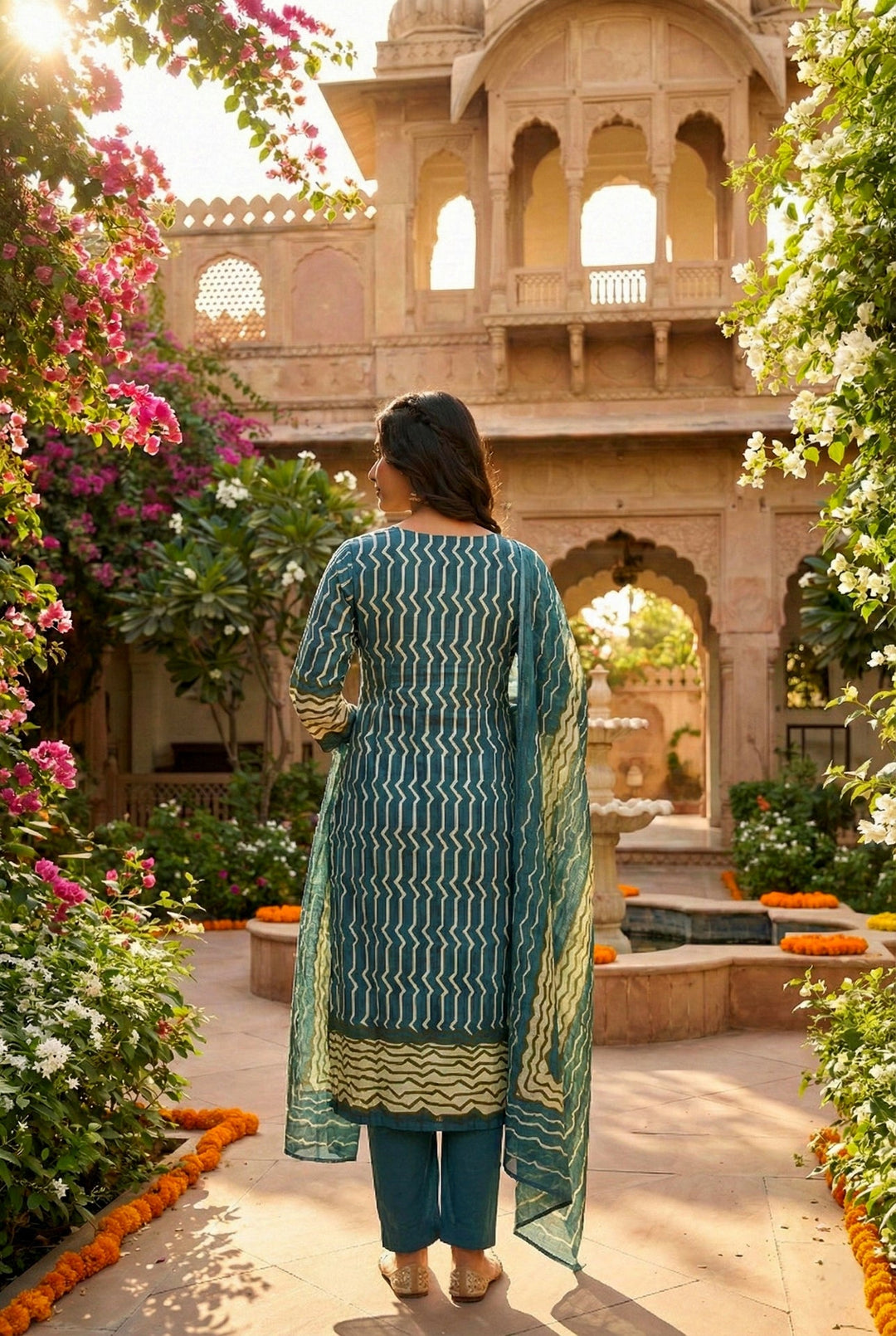 Neerus Green cotton straight suit set - side view
