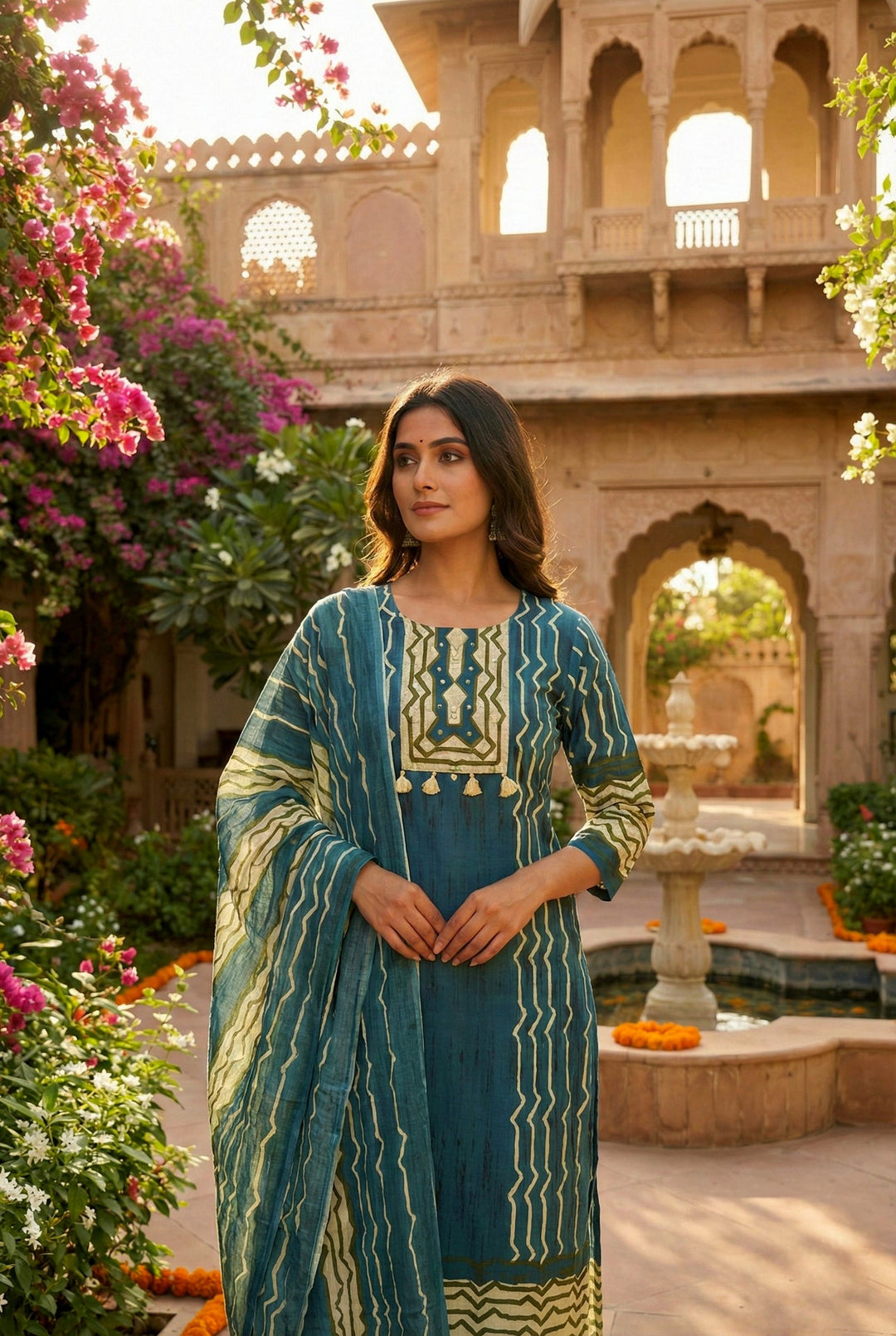 Neerus Green cotton straight suit set - detail view 1