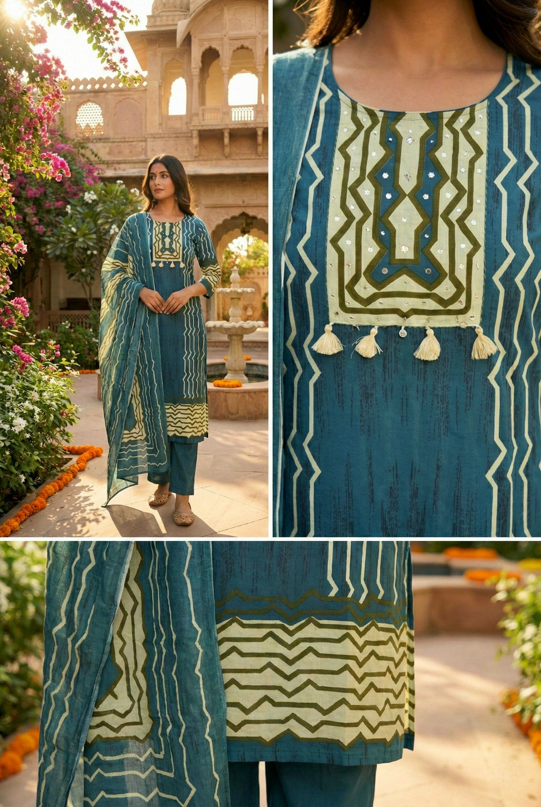 Neerus Green cotton straight suit set - detail view 3