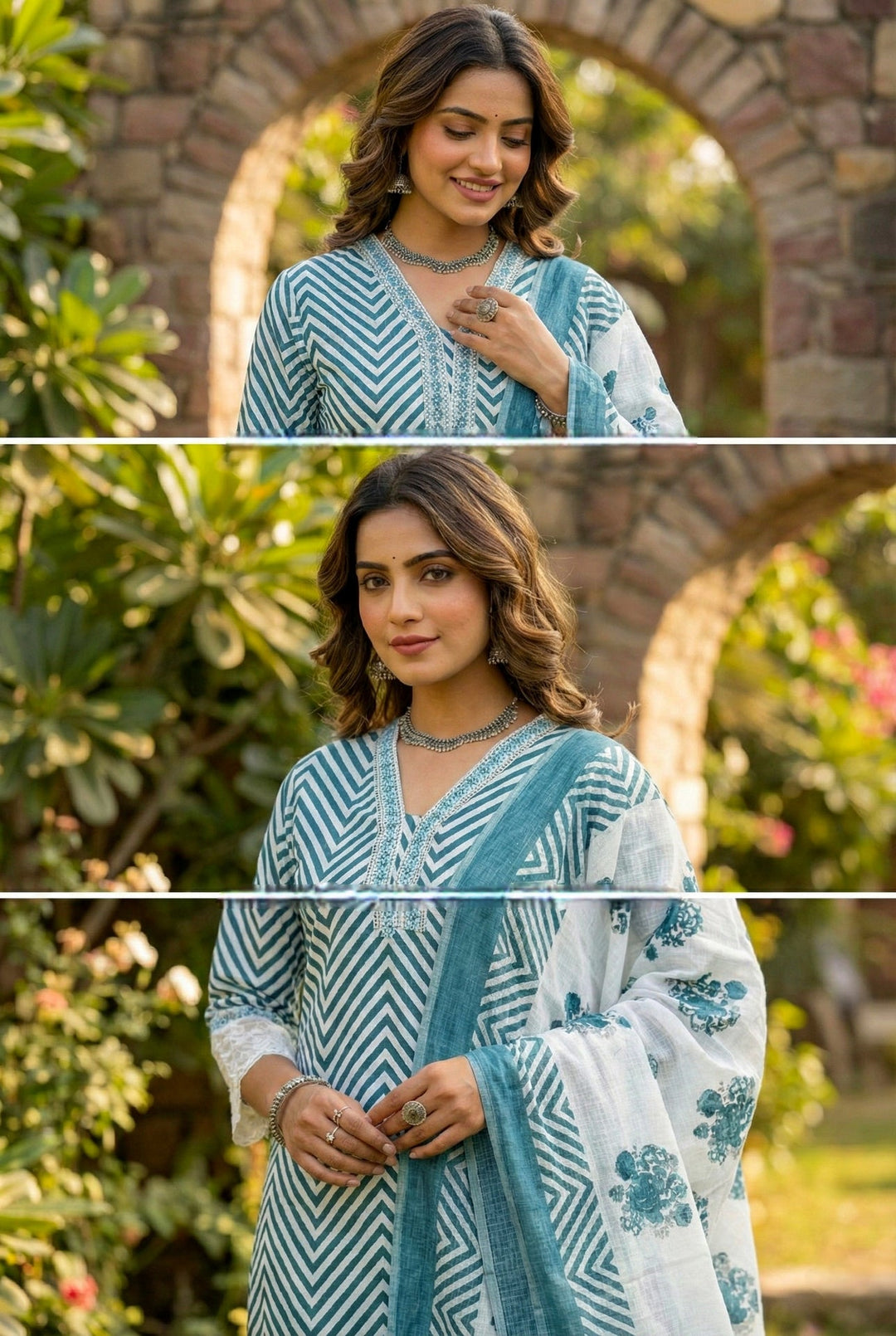 Neerus Green cotton printed suit set - detail view 1