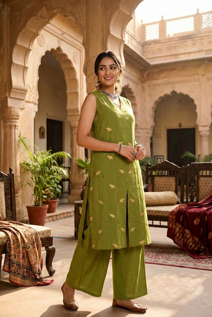 Neerus Green cotton solid suit set - front view