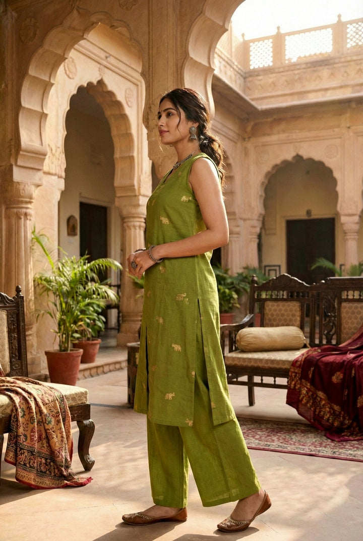Neerus Green cotton solid suit set - back view